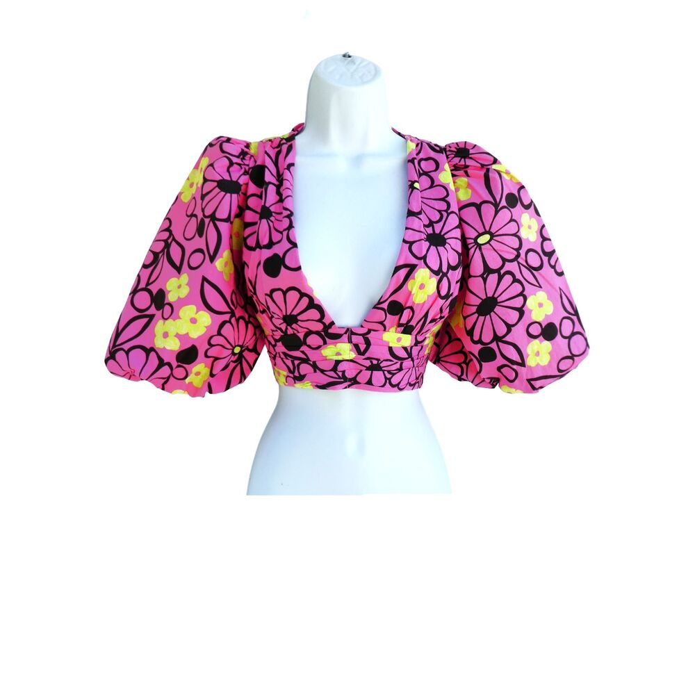 Zara Mod Pink Floral Crop Blouse Top Bubble Puff Half Sleeves Deep V Neck XS